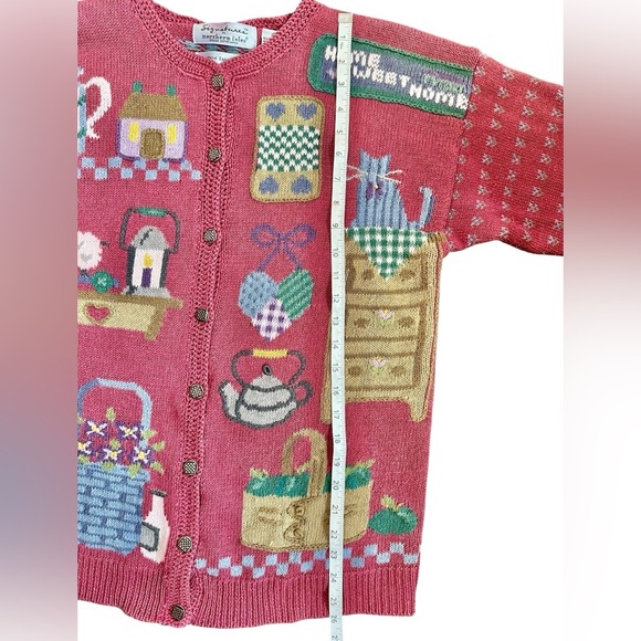 Vintage Northern Isles Home Sweet Home Embroidered Pink Cardigan Sweater Sz S - Picture 10 of 11